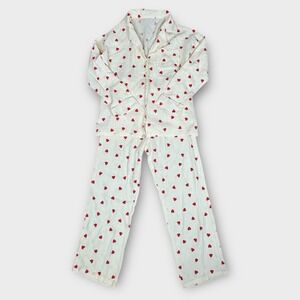 Cream and Red Heart Gauze Soft Pajama Set Button Down Top Pants Loungewear Small